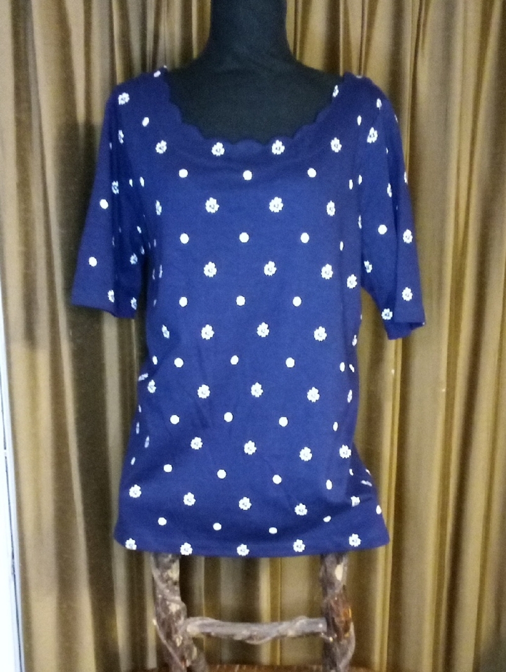 Women's Navy Scallop Neck Top with White Dot & Floral Print By Kim Rogers